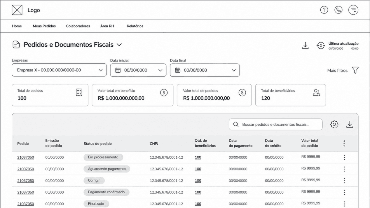 Wireframe of the orders and tax documents query